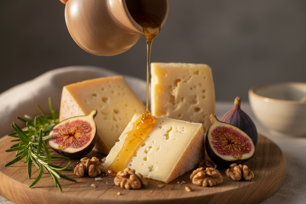 Rosemary honey being drizzled over a cheese board of aged Manchego, fresh figs, and walnuts with a sprig of rosemary on the side.