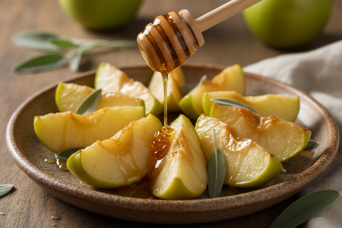 Sage honey's gentle, refreshing quality also pairs wonderfully with green apples when used in baked or grilled fruit dishes where it offers a refined sweetness that highlights the fruit's natural flavor.  Create an image of a the baked fruit dish showing the honey being used