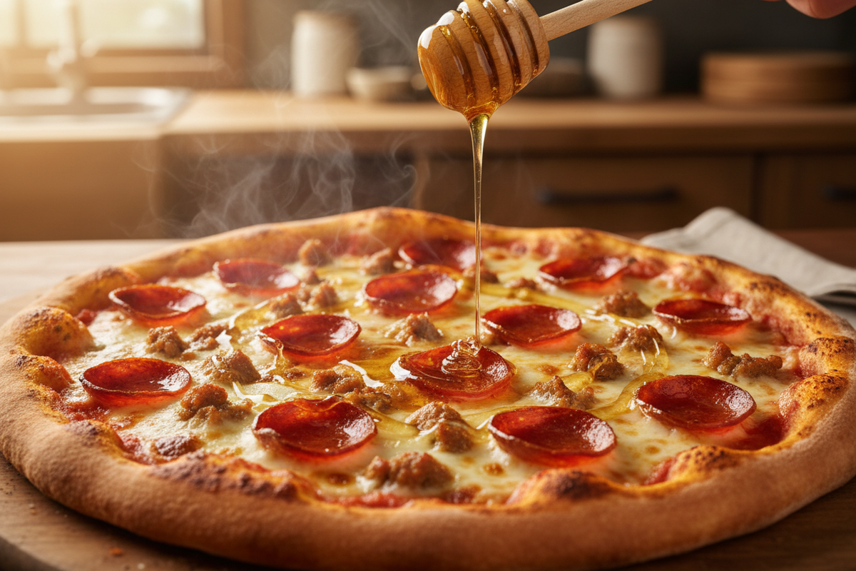 Same image with just a little less honey on the pizza