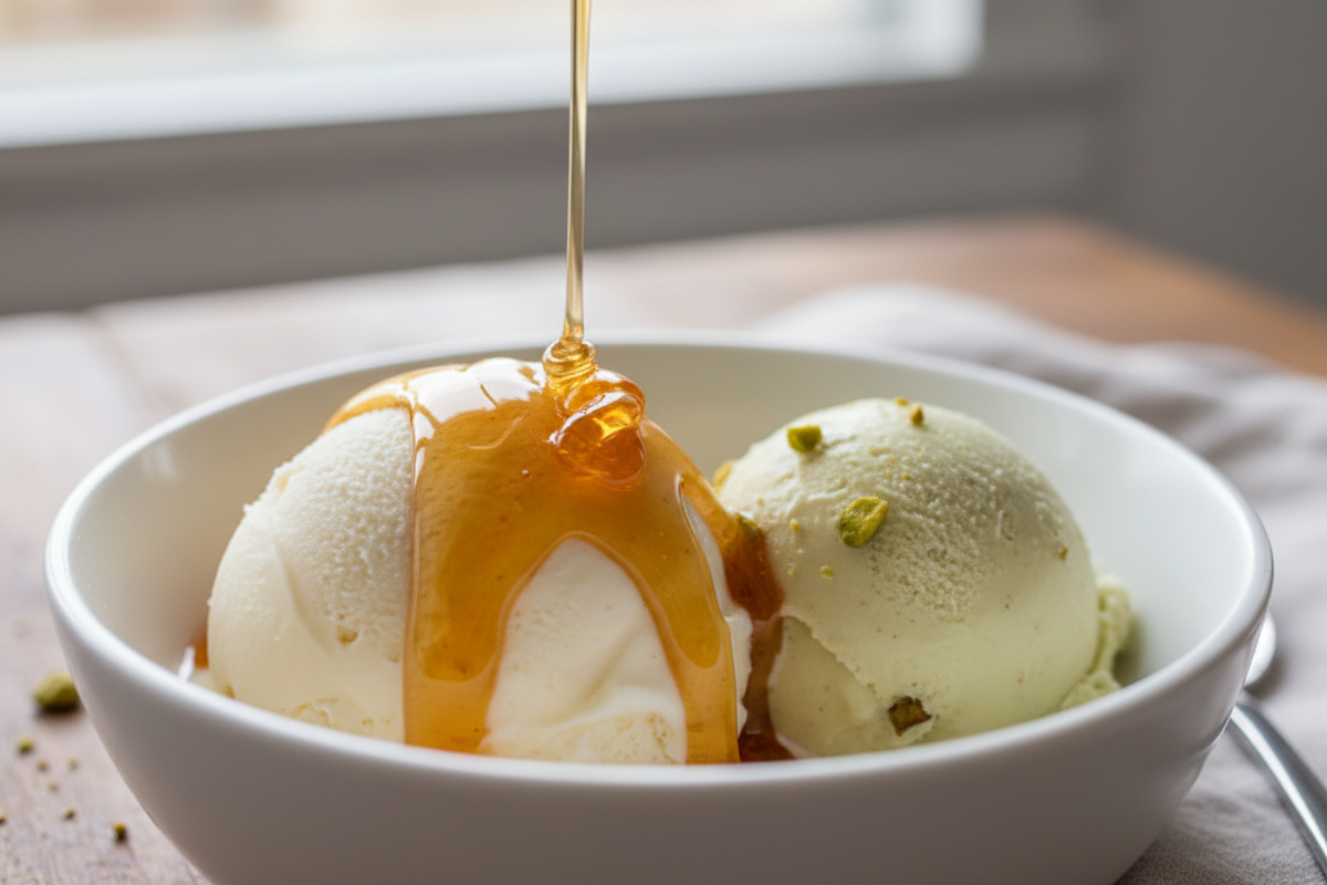Show pouring of medium amber Meadowfoam honey over a bowl of vanilla ice cream and pistachio gelato