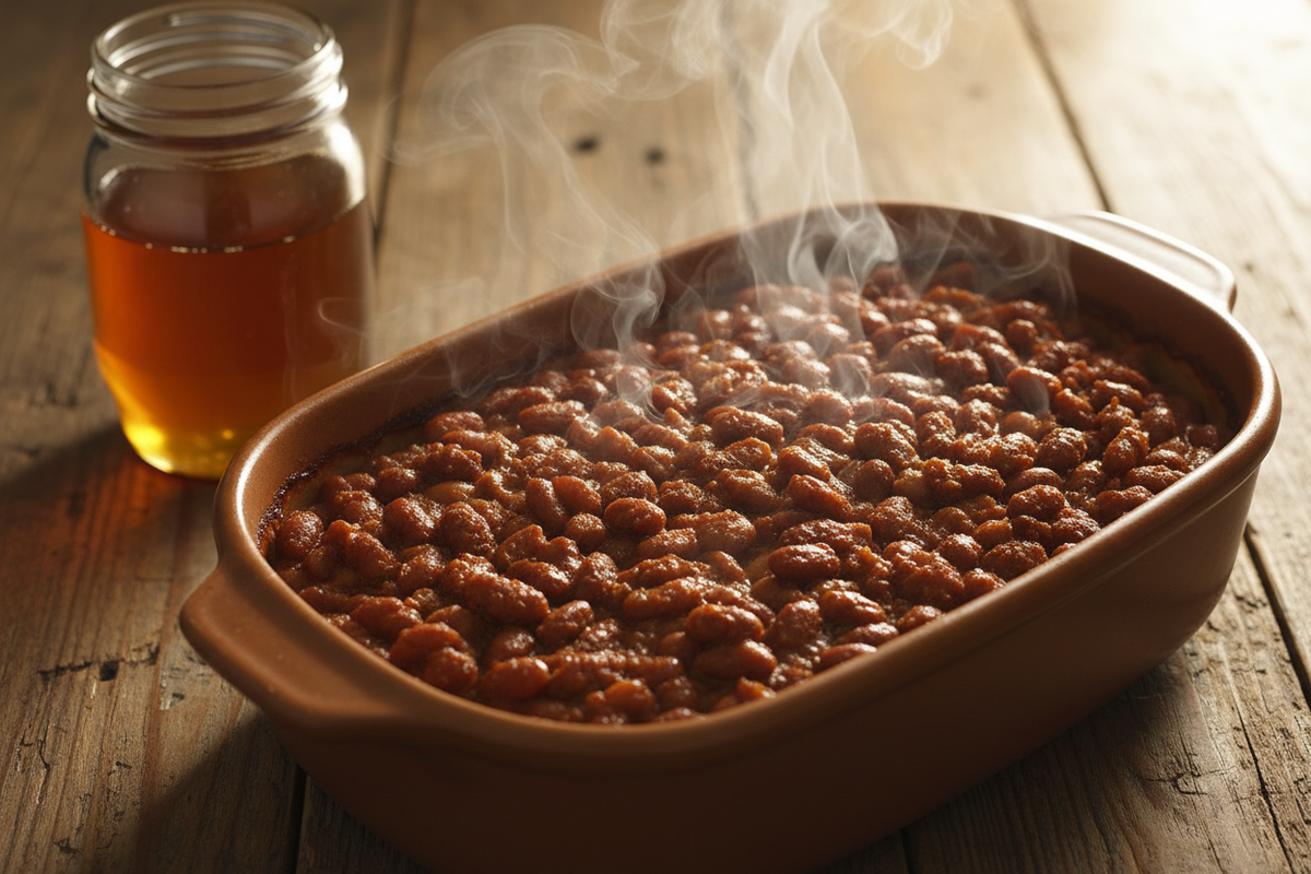 Smokin' Hot Honey’s robust complexity makes it a fantastic secret ingredient when stirred into baked Beans deepening the savory notes and adding a final touch of sweet, smoky fire.  show a baking dish full of steaming baked beans with an unlabeled dark amber honey jar next to it