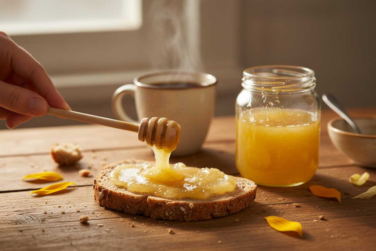 Sunflower honey, Because of its fast crystallization, spreads easily, making it the perfect Toast honey for breakfast, especially on whole-grain or rye bread.  Create an image depicting use of the honey