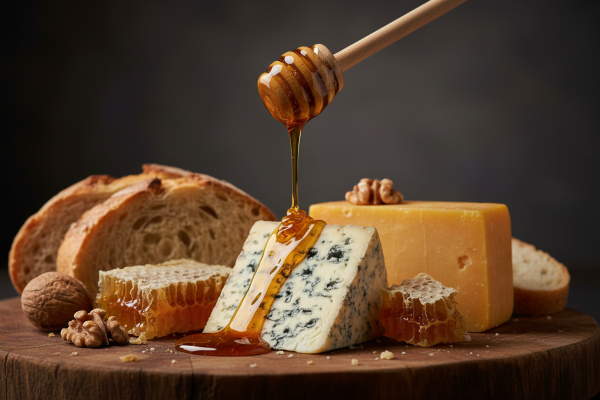 Tasmanian Leatherwood honey is a distinctive varietal known for its strong, spicy, and earthy flavor that requires equally bold pairings. Its complex, heady aroma makes it a spectacular pairing with Cheese, especially sharp, aged cheddars or blue cheeses.  Create an image that depicts the use of the honey on the identified cheeses