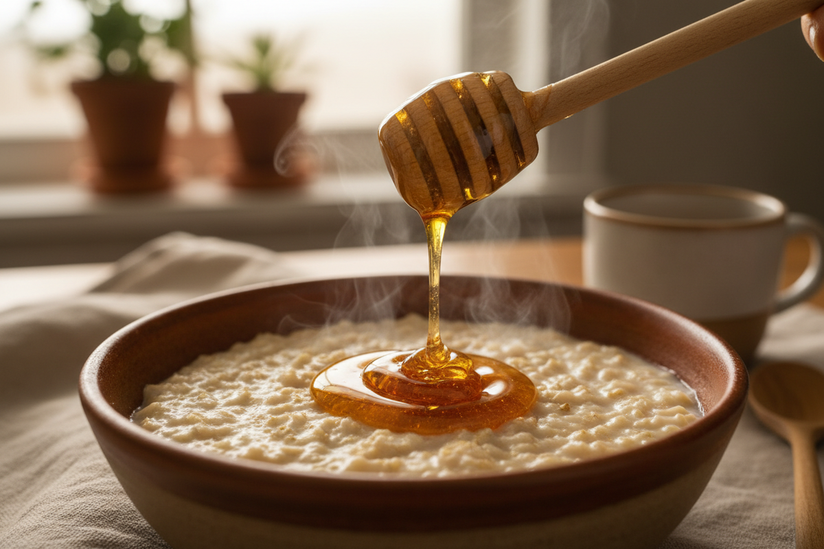 Tasmanian Leatherwood honey is also a perfect, warming sweetener for hot breakfast cereals like oatmeal, adding a luxurious, aromatic depth.  Create an image that depicts the use of the honey on the specified food