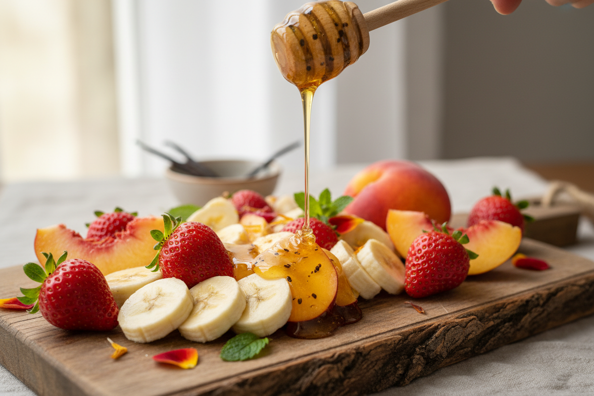 The complex, creamy sweetness of vanilla bean honey is perfectly suited to complement fresh Fruit, particularly strawberries, bananas, and peaches, where it creates a classic, rich flavor profile.  show the honey being used with this fruit