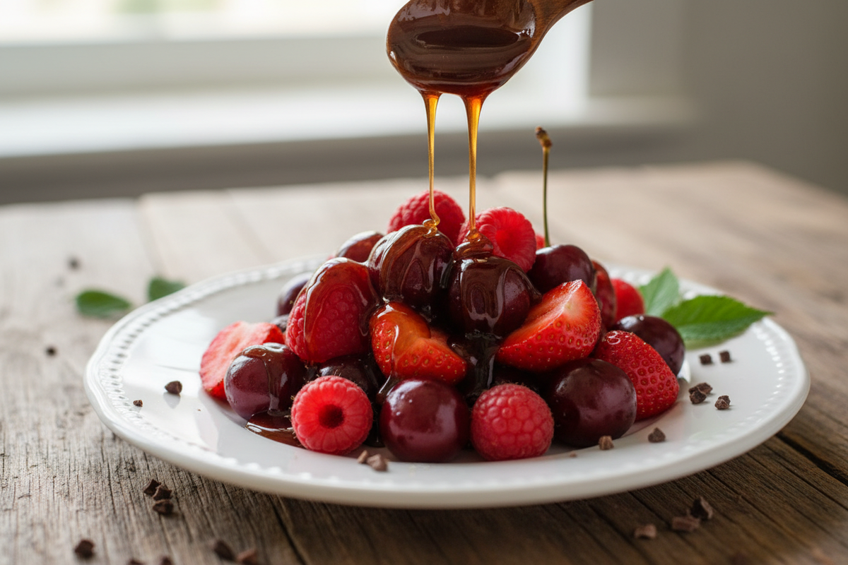 The deep, bittersweet chocolate flavor of Cocoa Honey is a natural match for tart fresh Berries, such as raspberries, strawberries, or cherries, creating a quick, healthy, dessert-like snack.  Create an image depicting above