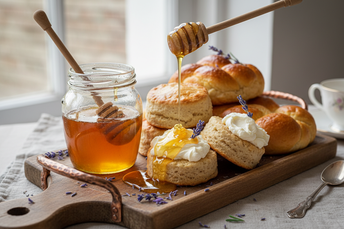 The fragrant, sweet profile of Lavender honey is magnificent when spread over plain, warm Scones, biscuits, or brioche, pairing especially well with clotted cream and elevating a simple baked good into a sophisticated treat.  Create an image showing the use of lavender honey on the products above