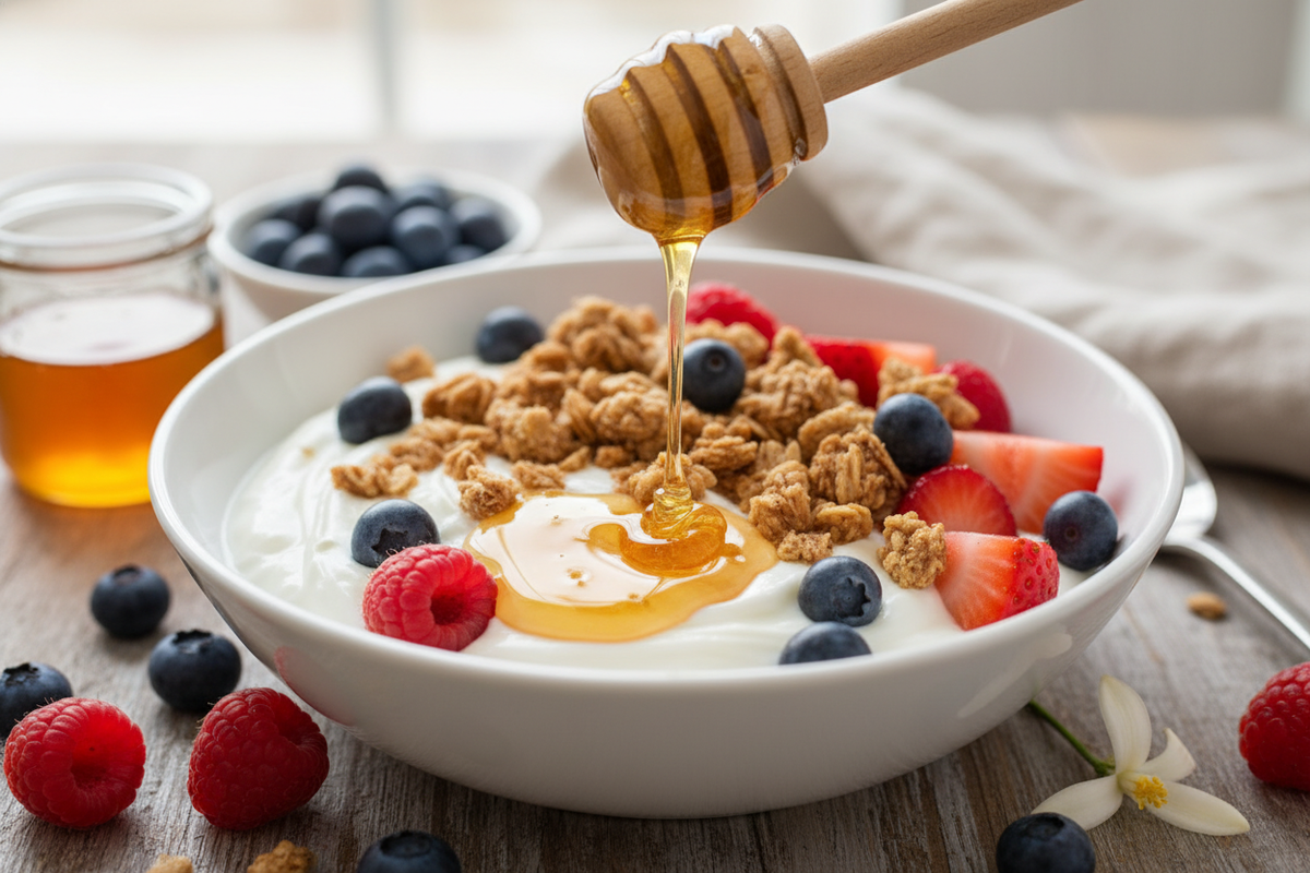 The light, fruity sweetness of Orange Blossom honey is superb drizzled over Yogurt, especially plain or Greek yogurt, where the citrus notes cut through the tanginess and pair beautifully with granola and fresh berries.  Create an image depicting above.