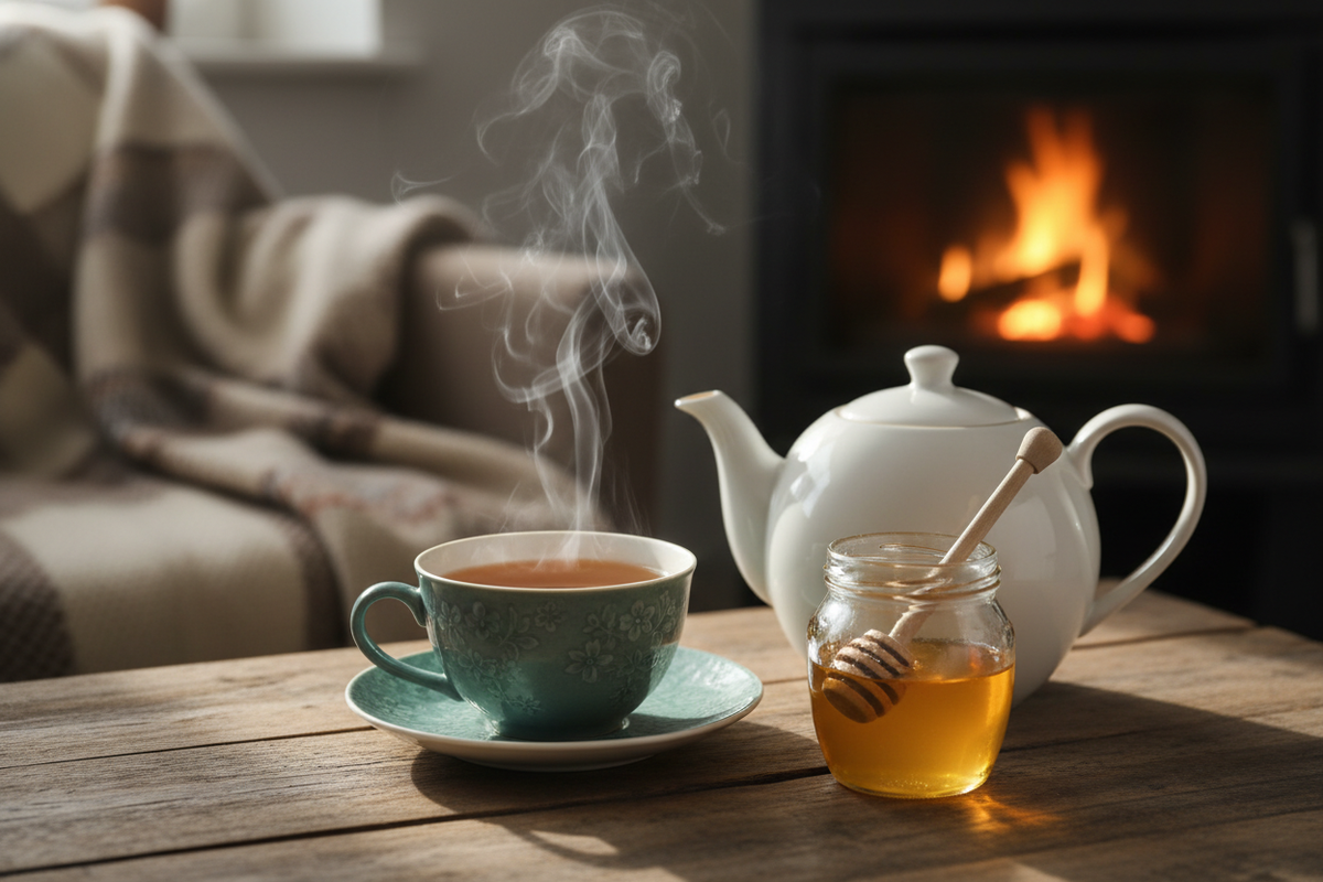 The primary and most beneficial pairing for Tulsi Rose honey is hot Tea, as the heat releases the complex, calming aromas of the Tulsi and rose, making it a perfect sweetener for herbal or evening infusions.  Create an image of a hot and steaming teacup with both a teapot next to it and a jar of honey.  Do not put a label on the honey jar