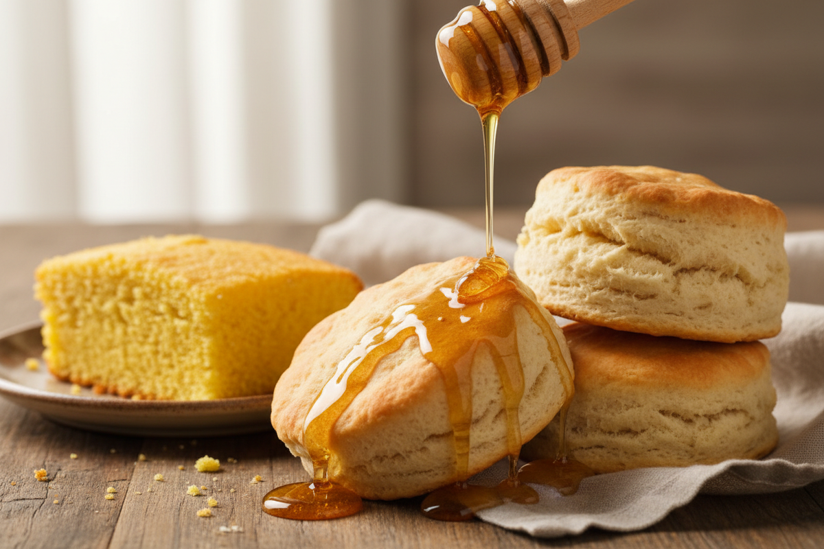 Tupelo honey's signature buttery texture and luxurious flavor are traditionally best enjoyed with warm Southern Biscuits or cornbread, where the honey's delicate notes enhance the baked goods without overpowering them.  Create an image showing the food with the honey on them
