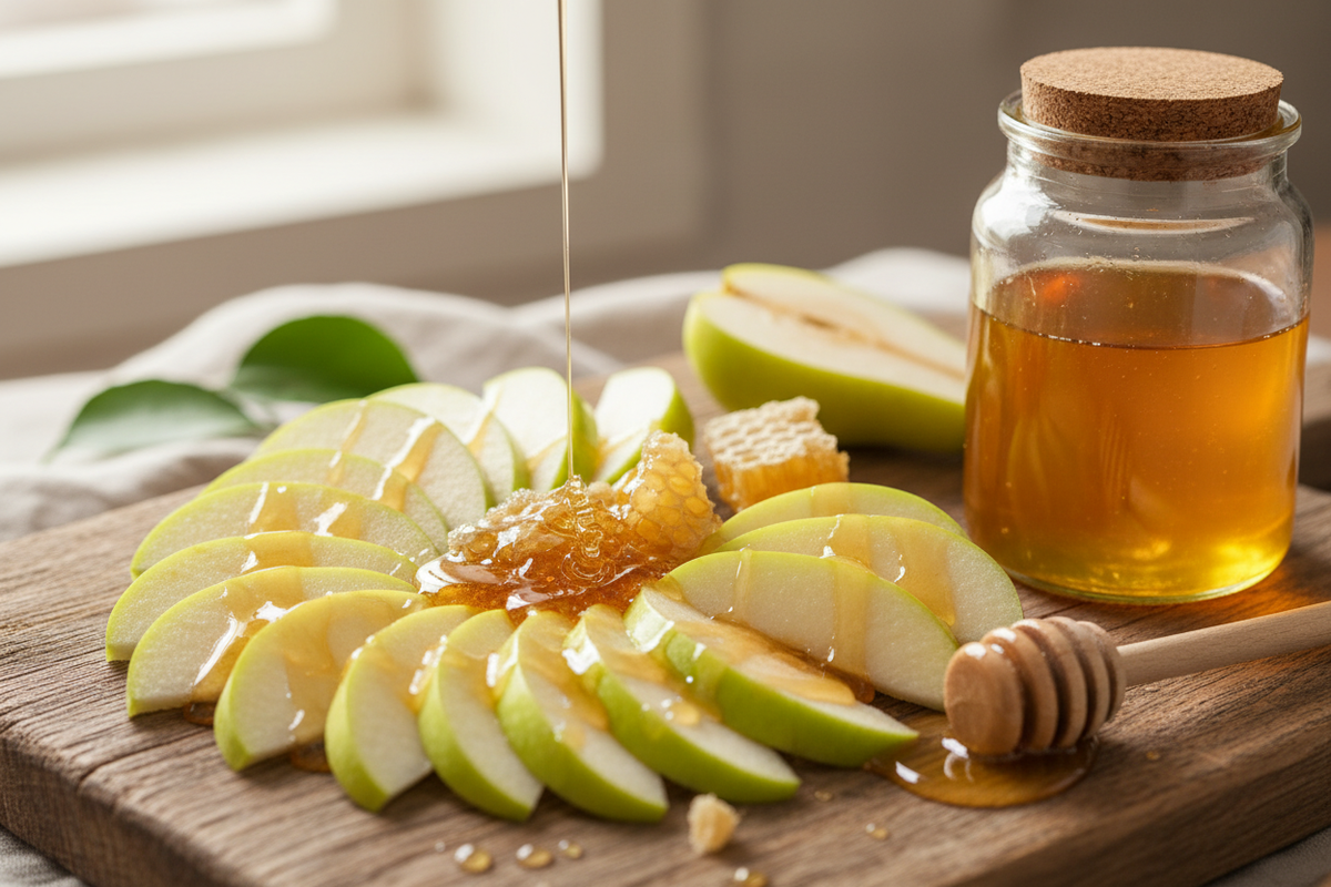 Use an unlabeled jar in the image and have the honey be on the fruit