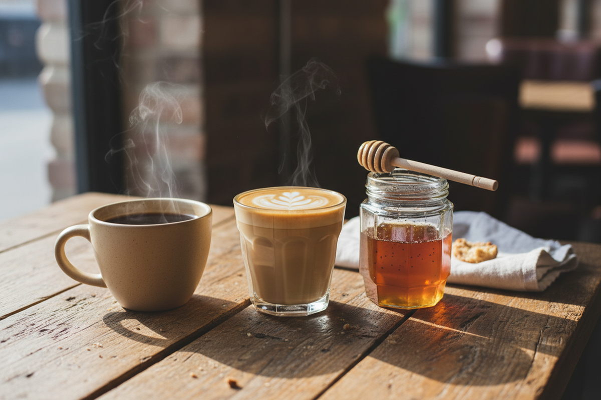 Vanilla bean honey makes an outstanding sweetener for hot beverages like Coffee, dissolving easily and providing a deep, aromatic vanilla flavor superior to standard syrup.  Show both a regular cup of coffee and a latte with an unlabeled honey jar