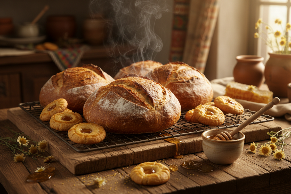 Wildflower honey is perfect for substituting sugar in nearly all baked goods recipes, from simple cookies to complex loaves of bread, where it adds depth and moisture.  Create an image of a sampling of baked good specifically the ones above